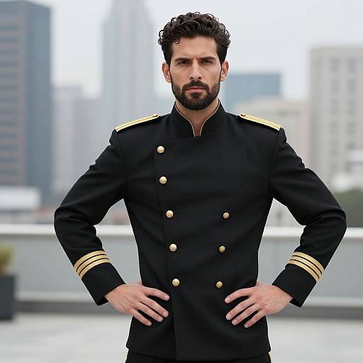 Confident Man in Black Military-Style Jacket with Gold Buttons in Urban Setting