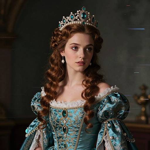 Young Woman in Renaissance Style Blue and Gold Embroidered Gown with Jeweled Crown