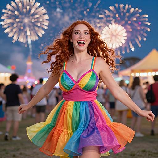 Joyful Woman Dancing in Rainbow Dress at Fireworks Festival