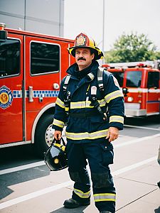Man in Firefighter Costume at Cosplay Festival with Fire Truck