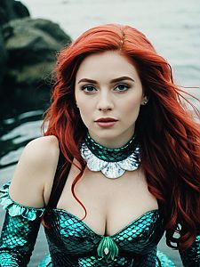 Woman in Mermaid Costume with Red Hair by Water