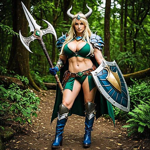 Fantasy Amazon Warrior Woman Cosplay with Axe and Shield in Forest