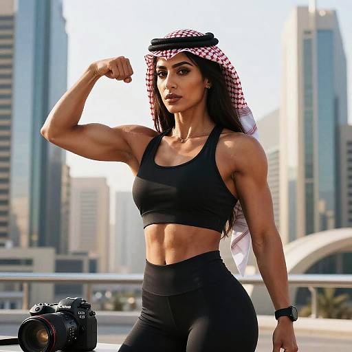 Fit Woman in Traditional Keffiyeh Flexing Muscles in Urban City Background