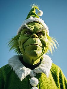 Man in Grinch Costume Cinematic Low Angle Portrait Photorealistic