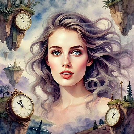 Surreal Digital Portrait of Woman with Floating Islands and Antique Clocks