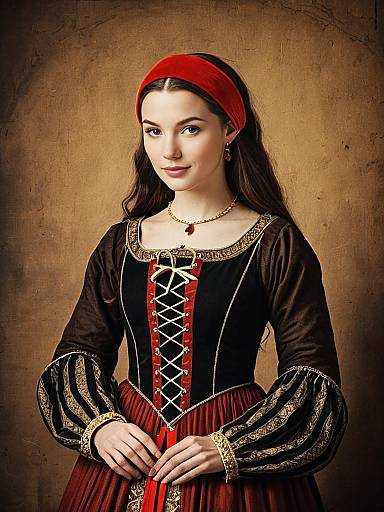 European Medieval Costume Woman in Red and Black Dress with Headband