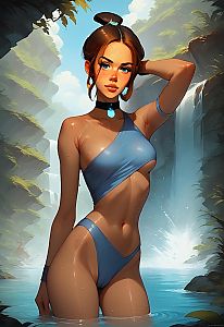 Stylized Anime Woman in Blue Swimsuit by Waterfall Digital Art