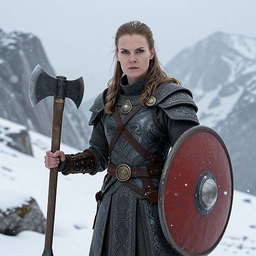 Medieval Woman Warrior in Armor with Axe and Shield in Snowy Mountains