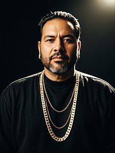 Dramatic Studio Portrait of Man Wearing Gold Jewelry Chains