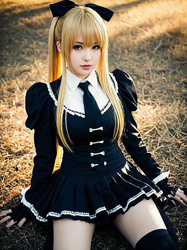Realistic Misa Amane Cosplay Woman in Gothic Black Dress Outdoor