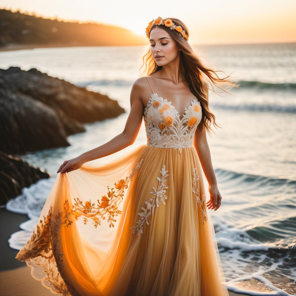 Woman in Floral Dress at Sunset Beach