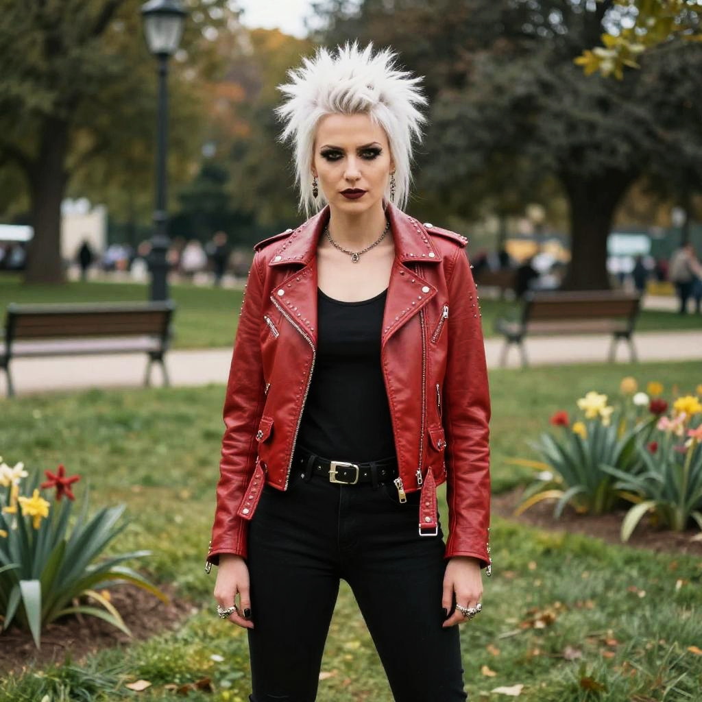 Edgy Woman in Red Leather Jacket with Punk Hairstyle in Park