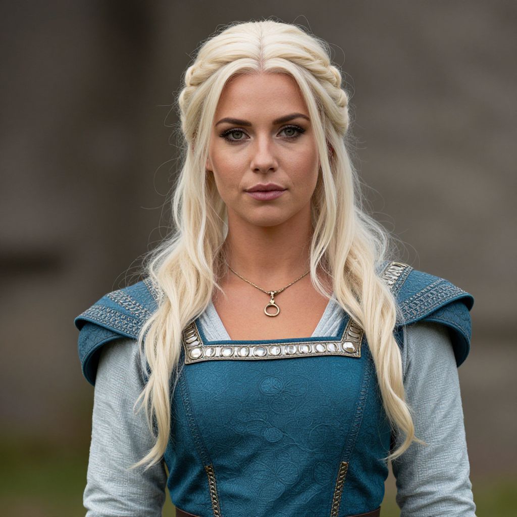 Medieval Woman with Blonde Braided Hair in Blue Gown