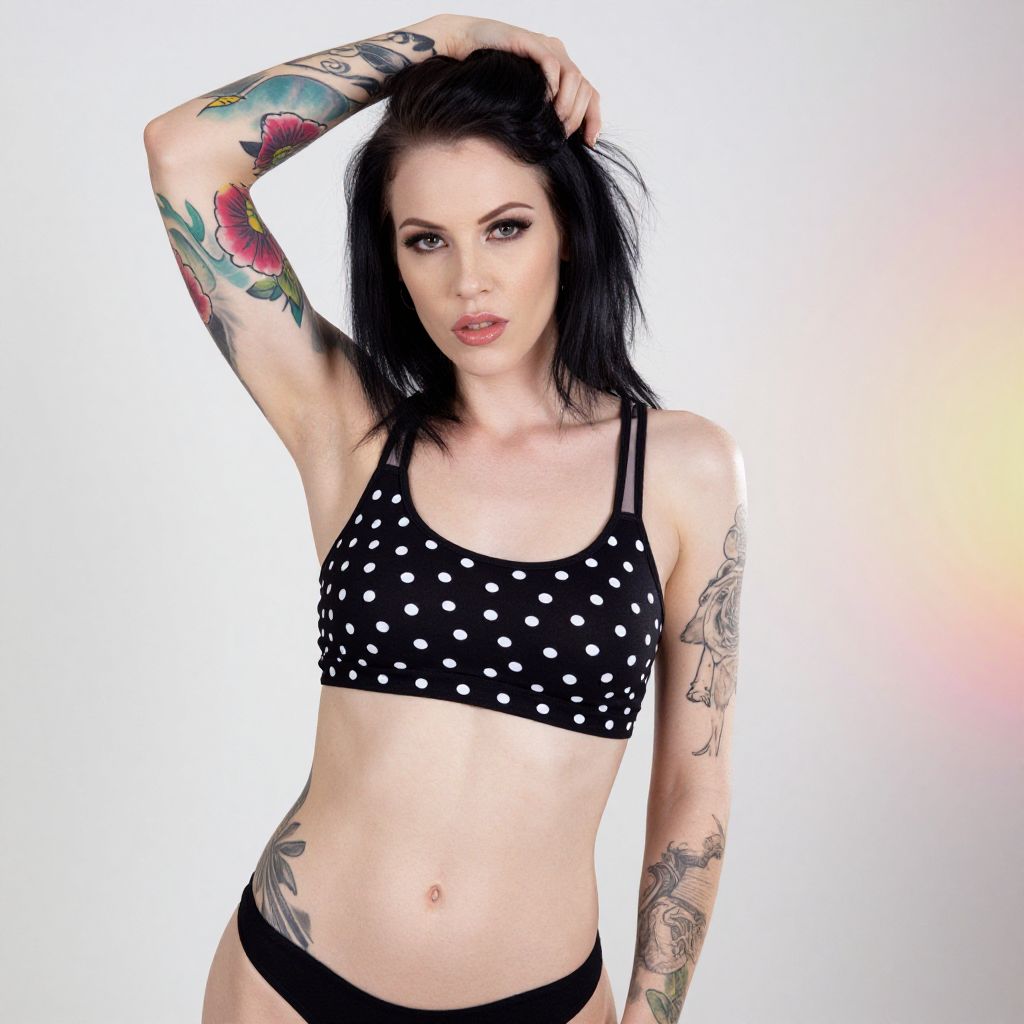 Tattooed Woman in Polka Dot Sports Bra Posing Confidently