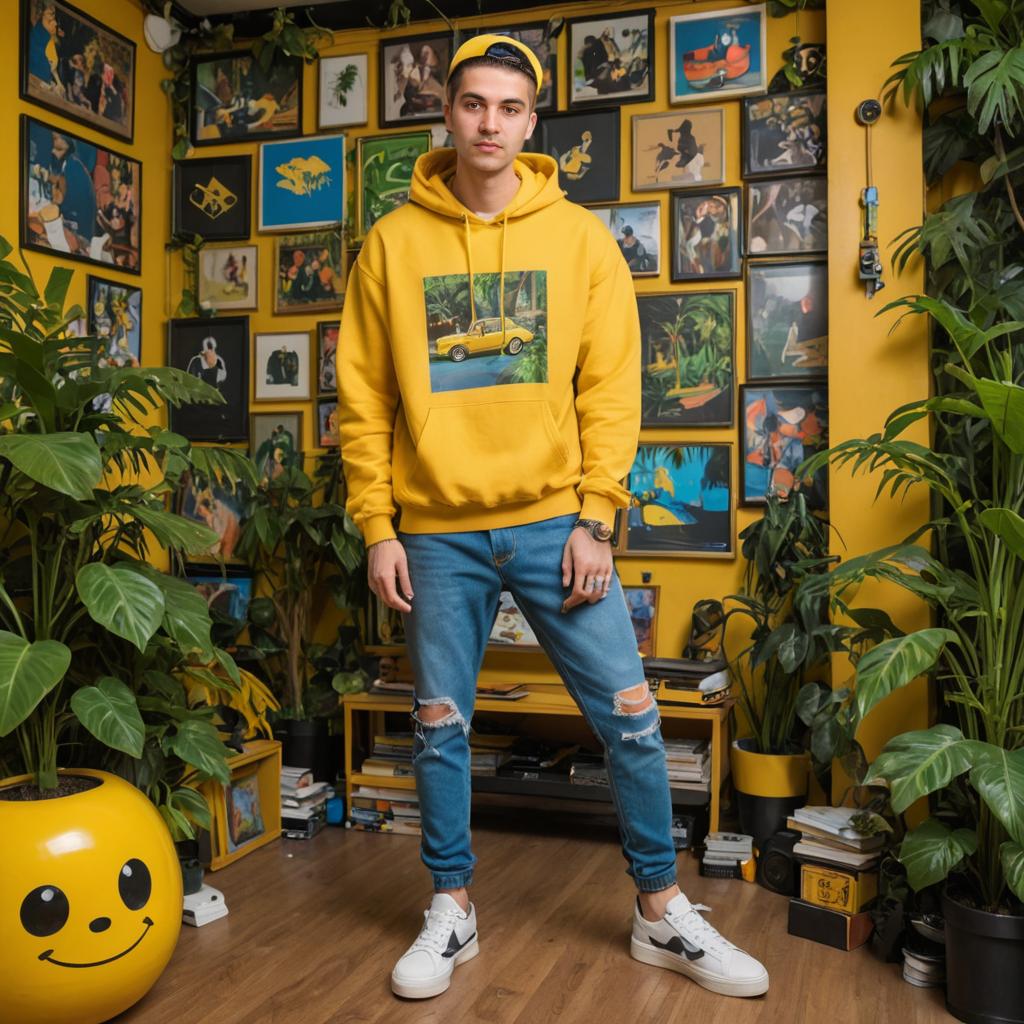 Stylish man in yellow hoodie in vibrant room