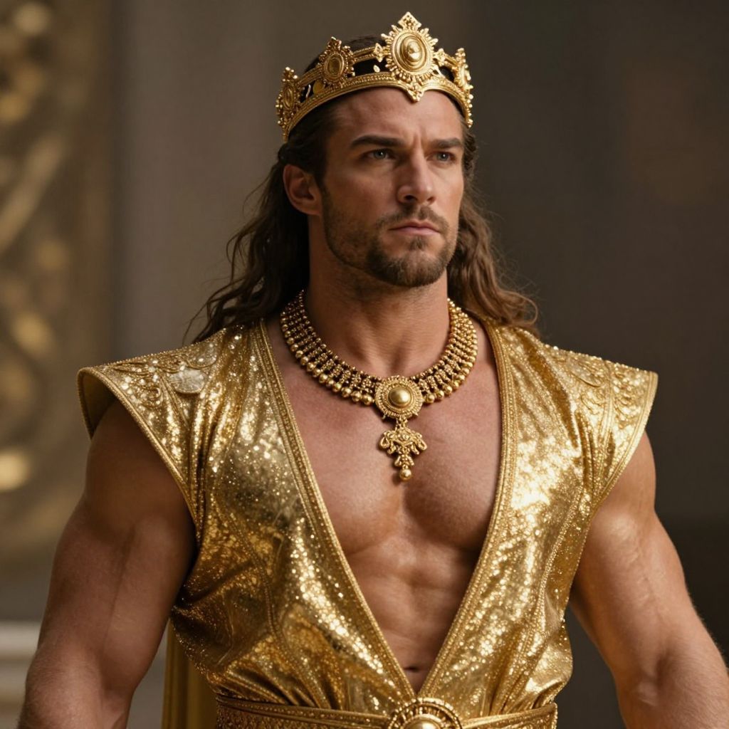 Muscular Man in Golden Royal Costume with Crown and Jewelry