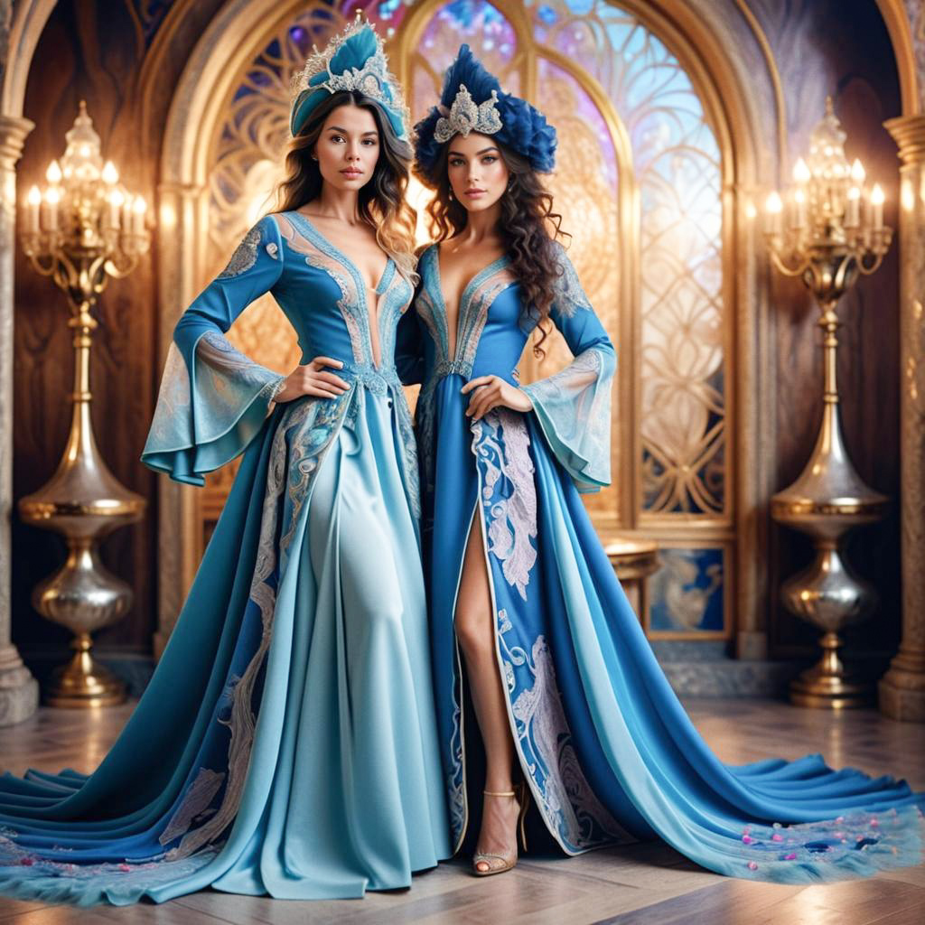 Elegant Women in Blue Gowns in Grand Setting