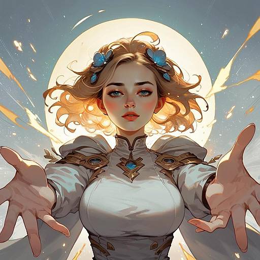 Anime Style Illustration of Woman with Blonde Hair and Blue Butterfly Accessories