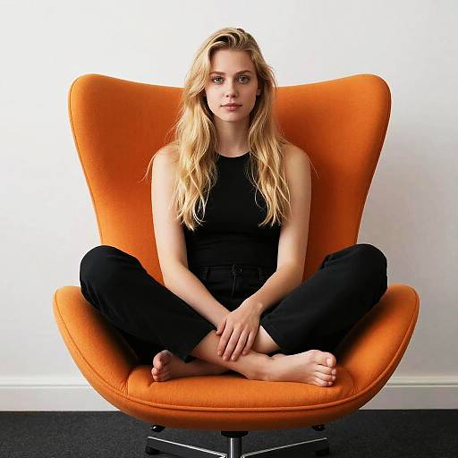 Young Woman Sitting Cross-Legged on Orange Modern Lounge Chair