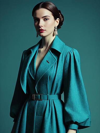 Woman in Designer Teal Coat with Cinematic Realism Editorial Fashion