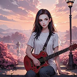 Young Woman with Guitar at Sunset