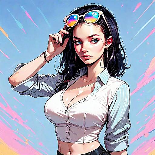 Stylish Confident Woman Digital Art with Reflective Sunglasses and Vivid Colors