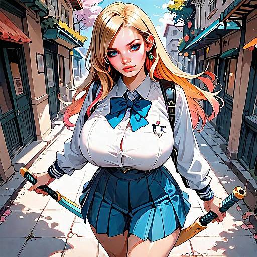 Anime Girl in School Uniform Holding Katanas on Traditional Japanese Street