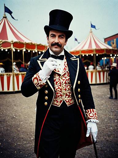 Photorealistic Portrait of Man in Ringmaster Costume at Outdoor Carnival