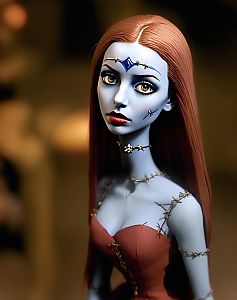 Stylized woman with blue skin and golden eyes in gothic attire