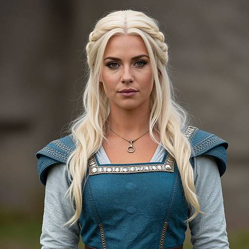 Medieval Woman with Blonde Braided Hair in Blue Gown