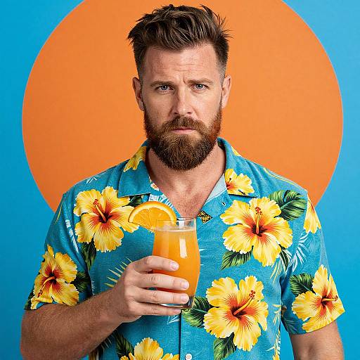 Bearded Man in Blue Hawaiian Shirt Holding Orange Juice Against Colorful Background