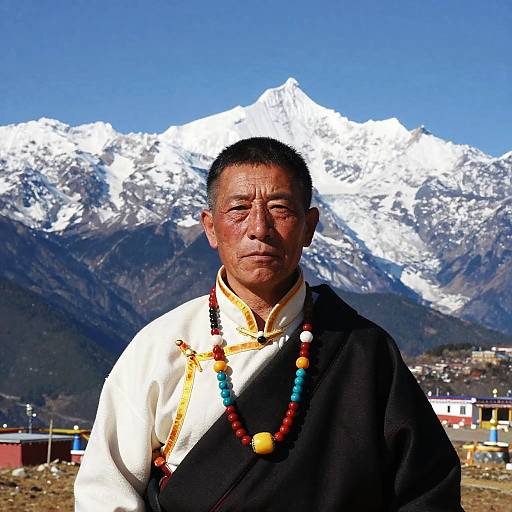 Tibetan Man in Traditional Dress with Himalayan Mountains Background