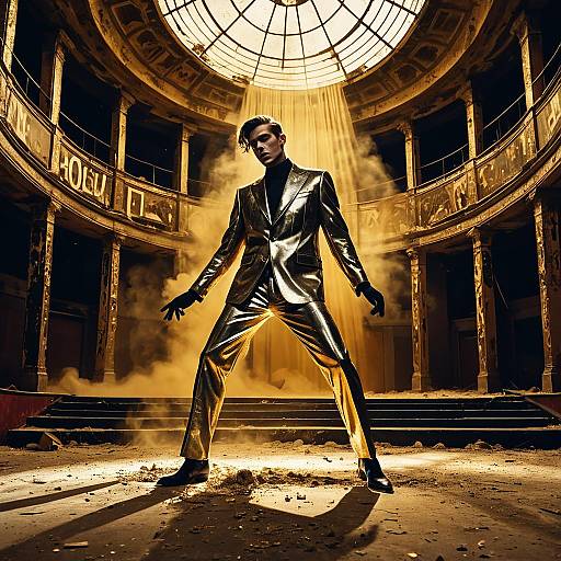Man in Gold Metallic Suit in Dramatic Light Under Glass Dome