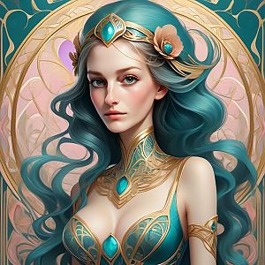 Teal-Haired Woman with Golden Accessories