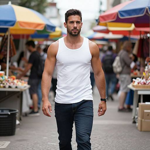 Man Walking Through Outdoor Market in White Tank Top