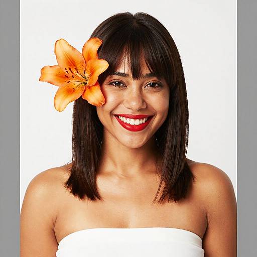 Smiling Young Woman with Orange Lily Flower in Hair