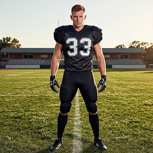 Young Male American Football Player in Black Uniform Number 33 on Stadium Field