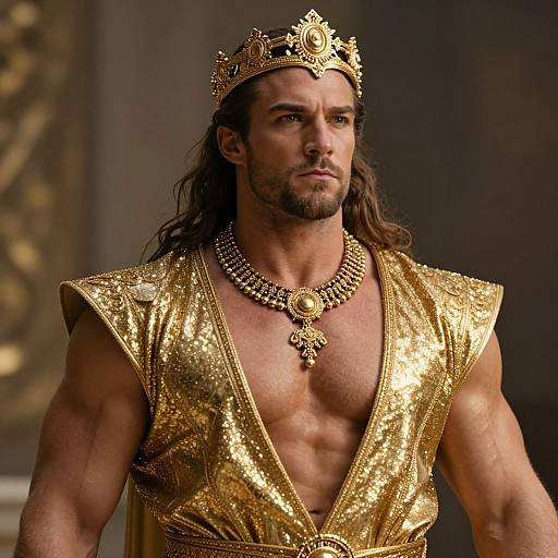 Muscular Man in Golden Royal Costume with Crown and Jewelry