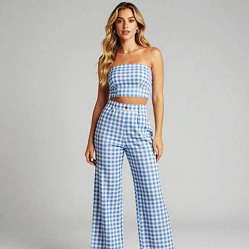 Gen Z Fashion Blue White Gingham Strapless Crop Top and Wide Leg Pants