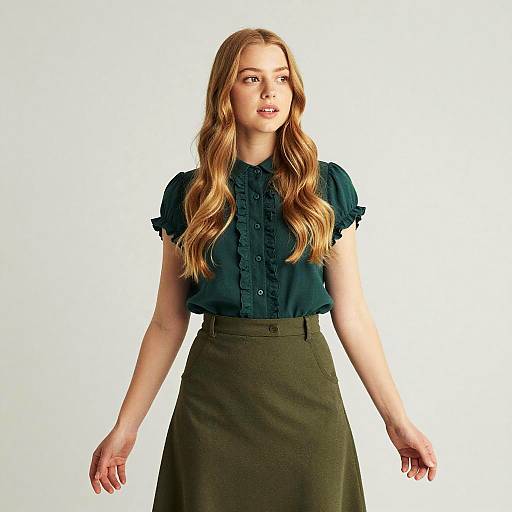 Young Woman in Dark Green Ruffled Blouse and Olive Skirt Fashion Portrait
