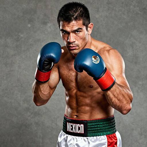 Mexican Male Boxer in Fighting Stance with Blue Gloves