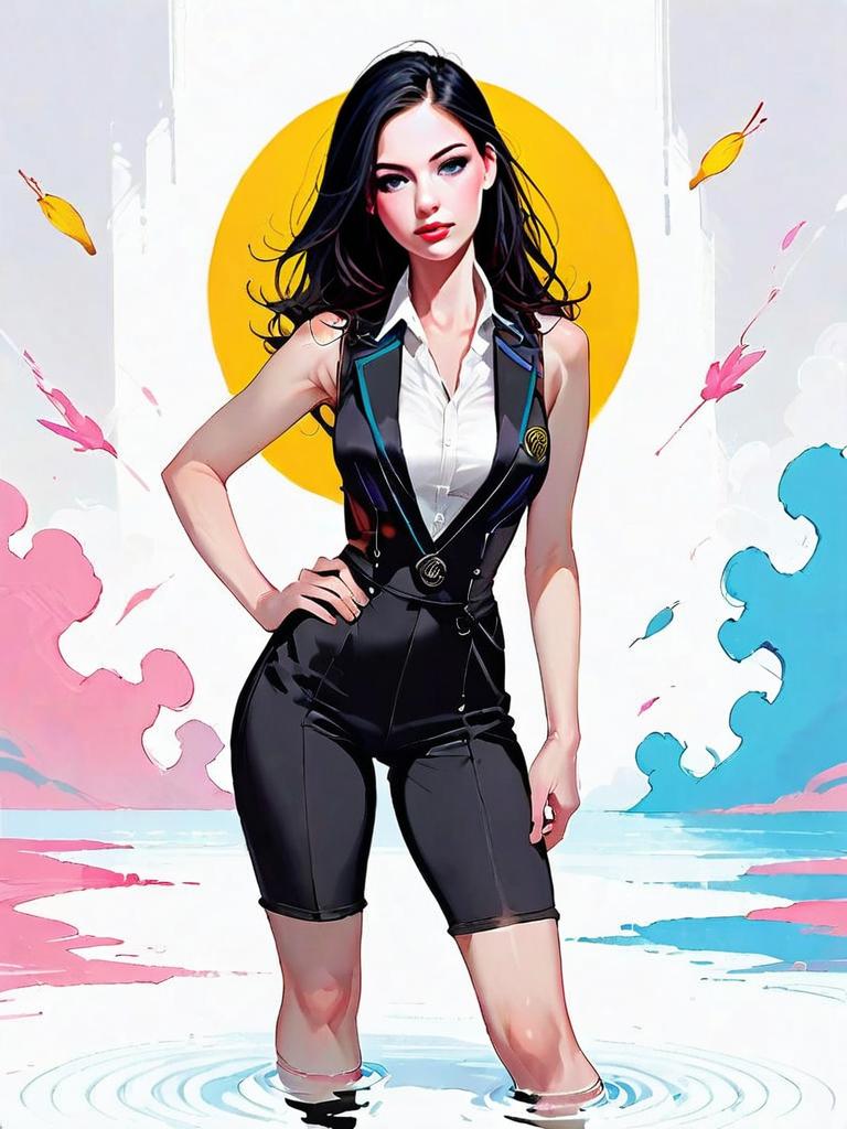 Chic Woman Standing in Water with Stylized Comic Realistic Art