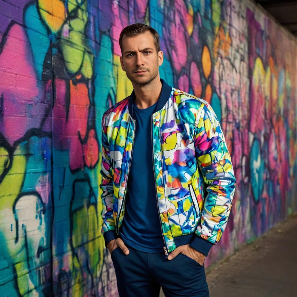 Stylish man poses against vibrant graffiti wall