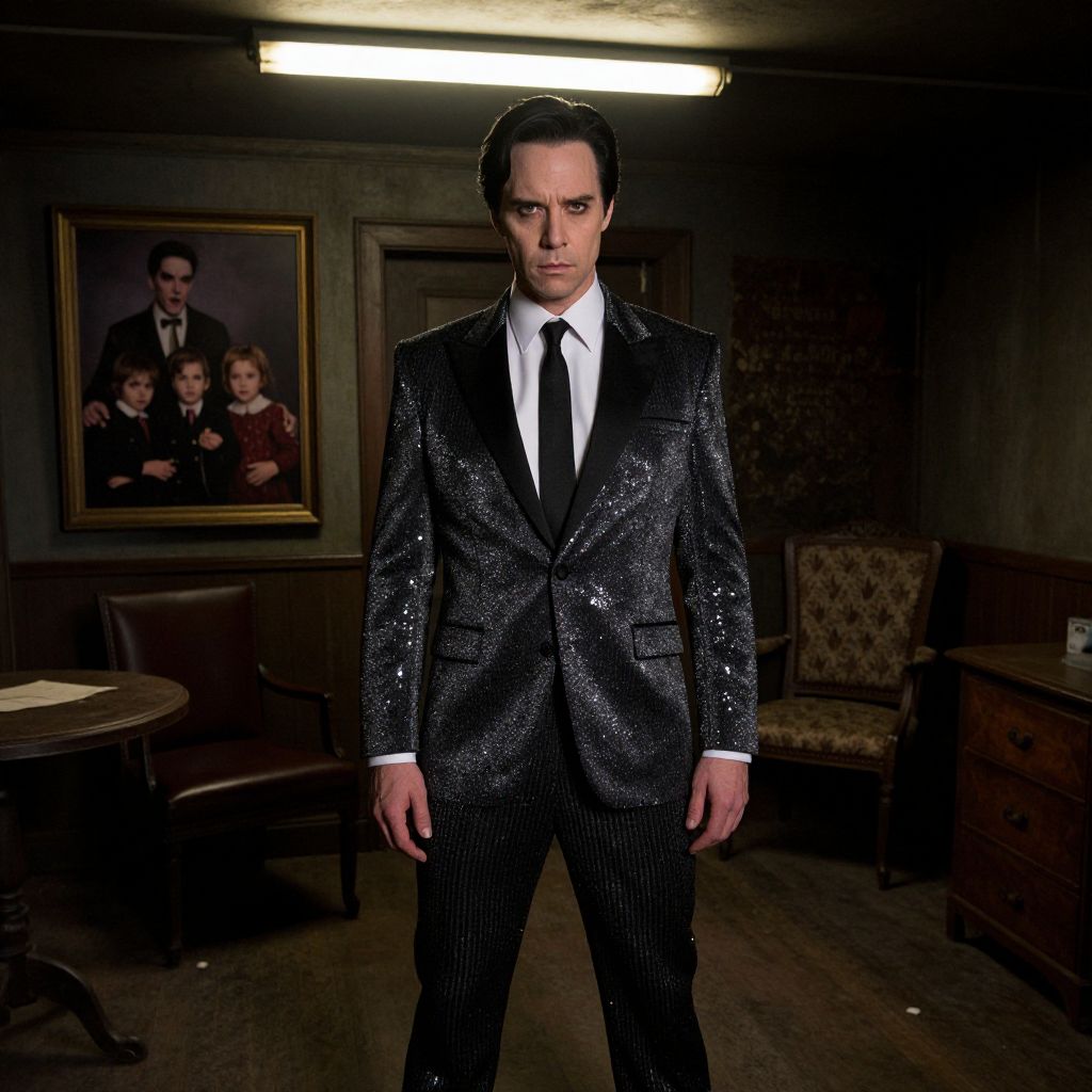 Man in Black Sequined Tuxedo in Vintage Gothic Room