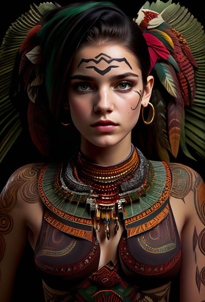 Young Woman in Tribal Attire and Face Paint