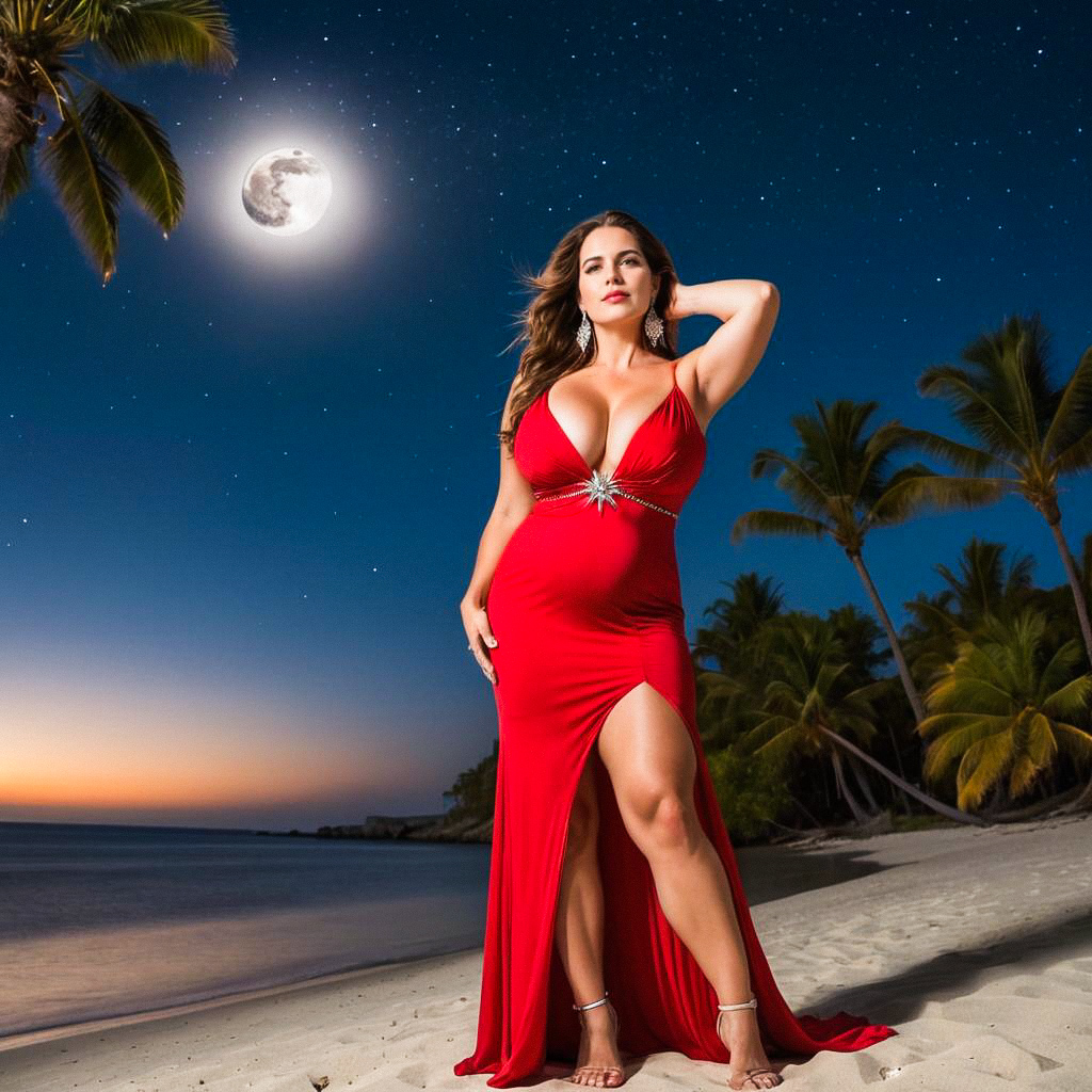 Confident Woman in Red Gown on Tropical Beach at Night