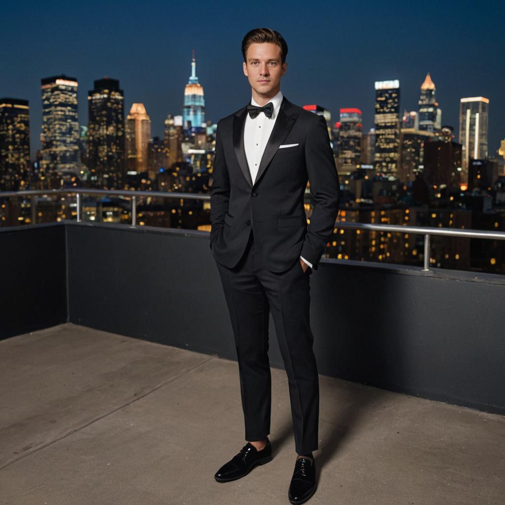 Elegant Man in Black Tuxedo with City Skyline