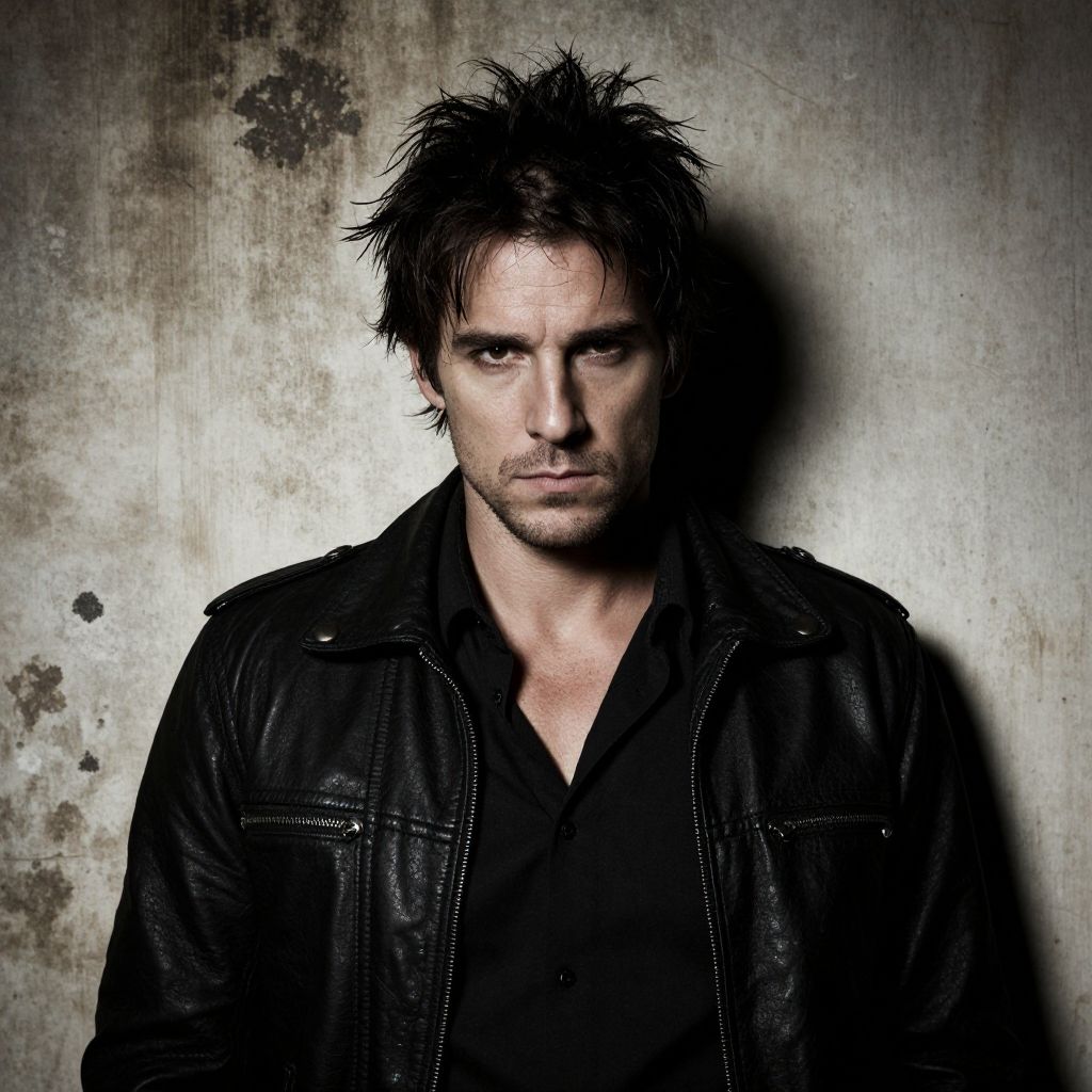 Brooding Man in Black Leather Jacket Against Grunge Wall