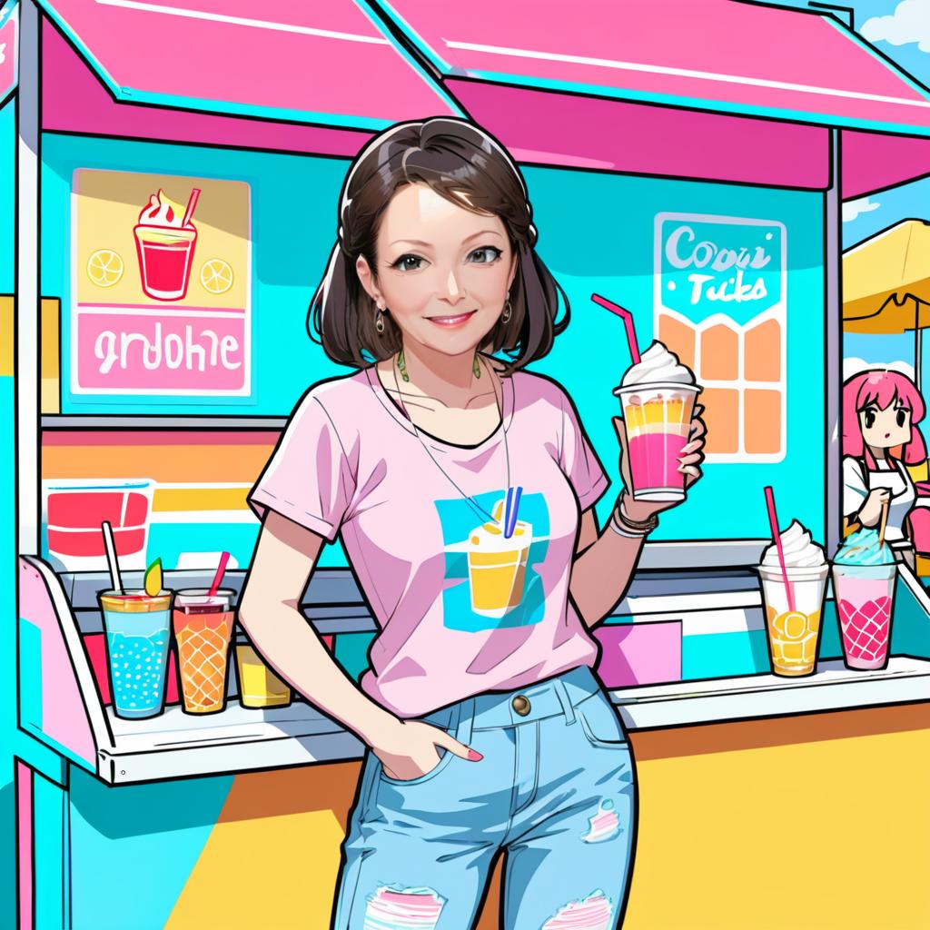 Smiling Woman at Colorful Drink Stand