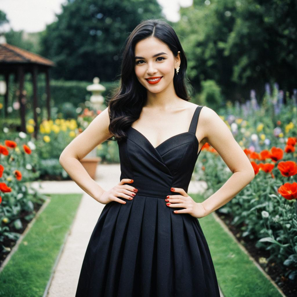 Confident Woman in Brown Dress in Blooming Garden Confident Woman in Brown Dress in Blooming Garden